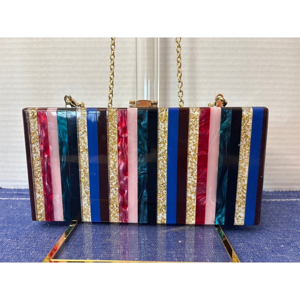 Tuckernuck Multi Color Striped Acrylic Box Clutch Gold Glitter Crossbody Bag